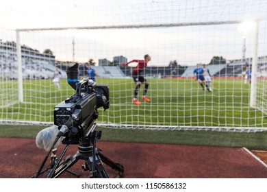 Tv Camera Behind Football Goal Stadium Stock Photo (Edit Now) 1150586123