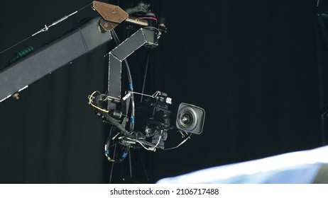 TV Camera Broadcast On The Crane Tripod For Shooting Or Recording And Broadcasting Content In Studio Production To On Air Tv Or Online Internet Live Show. HD Video Recording On Crane. Selective Focus.