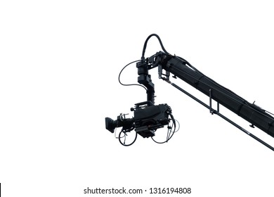 TV Camera On A Crane, Isolated In White. On Football Match Or Concert