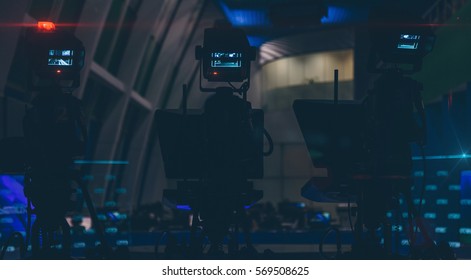 TV Cameras In An Empty Newsroom Closeup