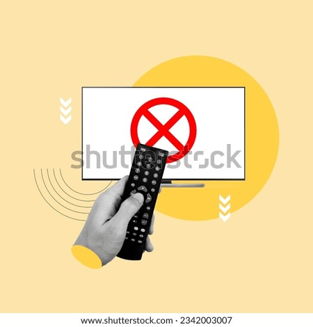 tv cancellation, cable cancellation, no streaming, hand with remote control, canceled tv, tv without signal, against tv content, television, concept, collage art, collage photo
