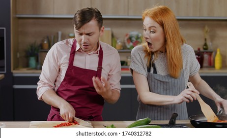 TV Cooking Show Host Pretended He Cut A Finger With A Knife, Laughing Together With Colleague. Morning TV Cooking Programme