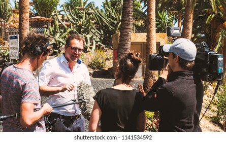 TV Crew On Set Filming A TV SHOW For German National Television RTL On A Beach On Canary Island Fuerteventura Taken On 26.03.2018.