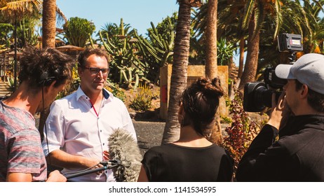 TV Crew On Set Filming A TV SHOW For German National Television RTL On A Beach On Canary Island Fuerteventura Taken On 26.03.2018.