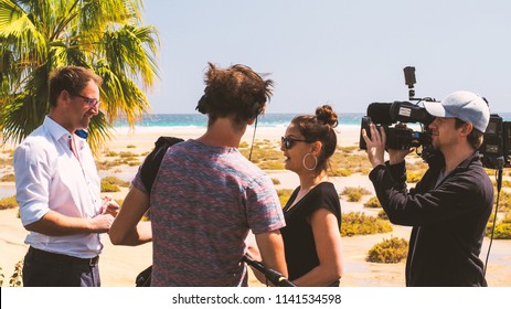 TV Crew On Set Filming A TV SHOW For German National Television RTL On A Beach On Canary Island Fuerteventura Taken On 26.03.2018.