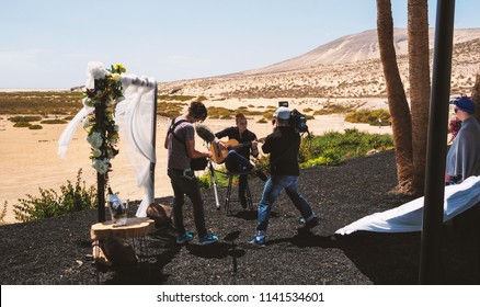 TV Crew On Set Filming A TV SHOW For German National Television RTL On A Beach On Canary Island Fuerteventura Taken On 26.03.2018.