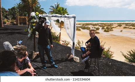 TV Crew On Set Filming A TV SHOW For German National Television RTL On A Beach On Canary Island Fuerteventura Taken On 26.03.2018.