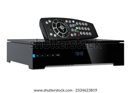 Tv decoder and remote control set isolated on white background.