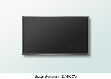 TV Flat Screen Lcd On The Wall, Plasma Realistic Illustration. Black HD Monitor Mock Up. Modern Multimedia Panel With Black Screen. Good Way To Show Your Business Presentation On Flat Display.