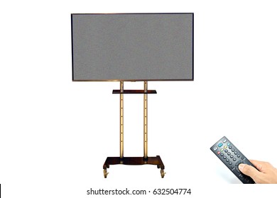 TV Flat Screen Stand With Noise And Hand Hold Remote Control Or Present Mock Up Blank Screen Isolated Or Black Error Led Monitor Mockup Or Flatscreen Retro Broadcasting Of  Background Monochrome