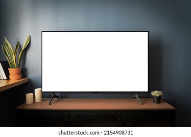 TV led mock up screen. Smart TV on a curbstone in an interior of the living room - Shutterstock ID 2154908731