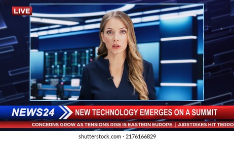 TV Live News Program With Female Presenter Reporting. Television Cable Channel Evening Show About Daily Events. Mockup Network Broadcasting In Newsroom Studio Concept. Medium Close-up Shot.