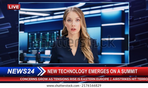 TV Live News Program with Female Presenter\
Reporting. Television Cable Channel Evening Show about Daily\
Events. Mockup Network Broadcasting in Newsroom Studio Concept.\
Medium Close-up Shot.