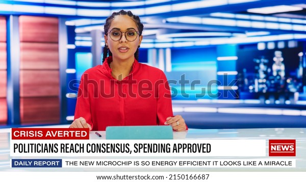 TV Live News Program: Presenter Reporting On the\
Events of the Day, Analysis of Business, Running Line. Television\
Cable Channel Newsroom Studio: Anchorman Talks. Mock-up\
Broadcasting Network\
Playback