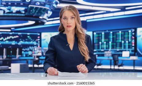 TV Live News Program: Professional Female Presenter Reporting On Current Events. Television Cable Channel Anchorwoman Talks Confidently. Mock-up Network Broadcasting In Newsroom Studio.