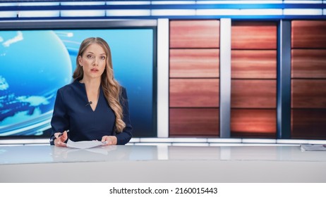 TV Live News Program: Professional Female Presenter Reporting On Current Events. Television Cable Channel Anchorwoman Talks Confidently. Mock-up Network Broadcasting In Newsroom Studio.