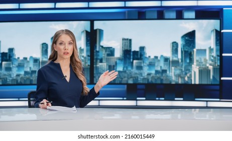 TV Live News Program With Professional Female Presenter Reporting. Television Cable Channel Anchorwoman Talks, Business, Economy, Entertainment. Mockup Network Broadcasting In Newsroom Studio Concept