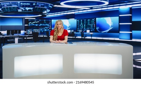 TV Live News Program With Professional Female Presenter Reporting. Television Cable Channel Anchorwoman Talks, Business, Economy, Entertainment. Mockup Network Broadcasting In Newsroom Studio Concept