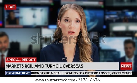 TV Live News Program with Professional Female Presenter Reporting. Television Cable Channel Anchorwoman Talks. Mockup Network Broadcasting in Newsroom Studio Concept. Close-up Shot.