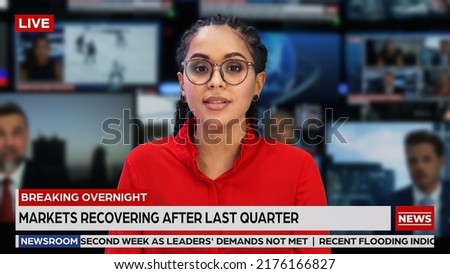 TV Live News Program with Professional Female Presenter Reporting. Television Cable Channel Anchorwoman Talks, Business, Economy, Entertainment. Mockup of Network Broadcasting in Newsroom Studio