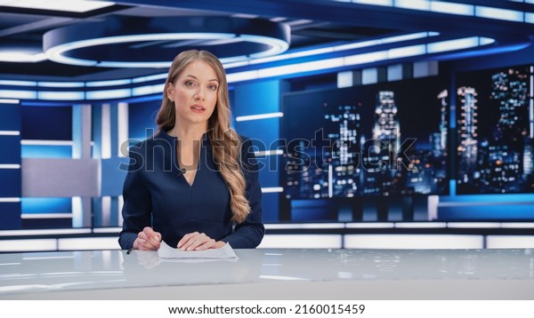 TV Live News Program with Professional Female\
Presenter Reporting. Television Cable Channel Anchorwoman Talks,\
Business, Economy, Entertainment. Mockup Network Broadcasting in\
Newsroom Studio Concept