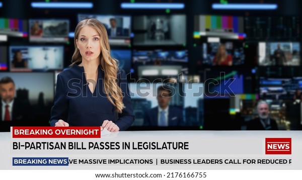 TV\
Live News Program with Professional Female Presenter Reporting.\
Television Cable Channel Anchorwoman Talks. Mockup of Network\
Broadcasting in Newsroom Studio Concept. Medium\
Shot.