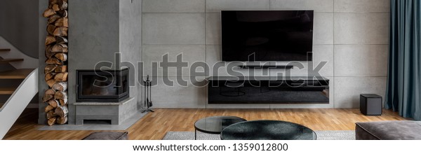 Tv Living Room Cement Wall Wall Stock Photo Edit Now 1359012800
