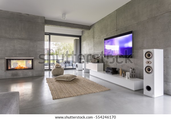 Tv living room with window, fireplace and concrete\
wall effect