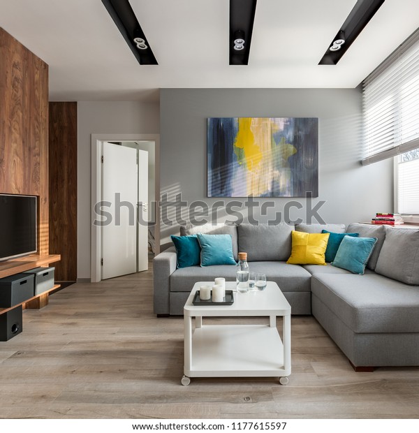 Tv Living Room Wooden Wall Corner Stock Photo Edit Now