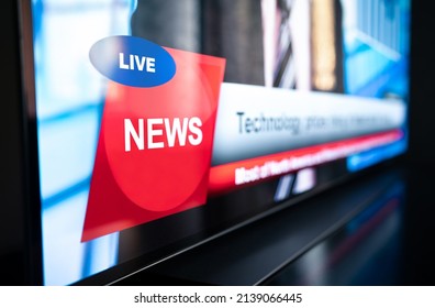 Tv News Live Broadcast And Production Concept. Breaking Newscast On Television. Screen Close Up Of Logo Mockup, Headline Text And Title Banner Graphic. Daily Morning Show. Misinformation, Propaganda.