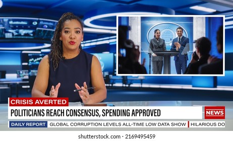 TV News Live Report, Anchorwoman Talks: Press Conference In Parliament, Court, Government. Politics, Economy, Law Enforcement. Television Program Local Cable Channel Concept. Split Screen Edit