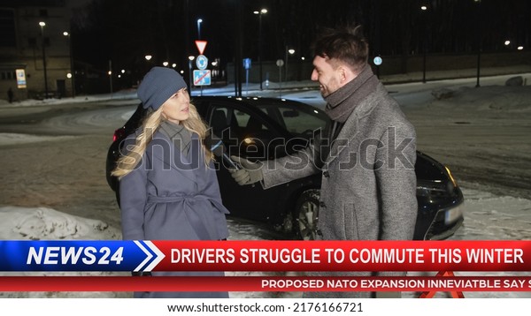TV News Live Report Edit: Presenter Does
Interview with Traffic Accident Car Crash Victim. Car Road Crash
Stormy Winter Weather Condition. Television Program on Cable
Channel Concept.