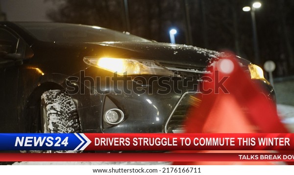 TV News Live Report: Reportage Edit: Car Crash,\
Road Traffic Accident Under Stormy Winter Weather Condition.\
Vehicle Damaged After Driver Lost Control. Television Program on\
Cable Channel Concept.