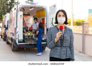 TV News Reporter Is Making Reportage About A Virus Epidemic In The Hospital