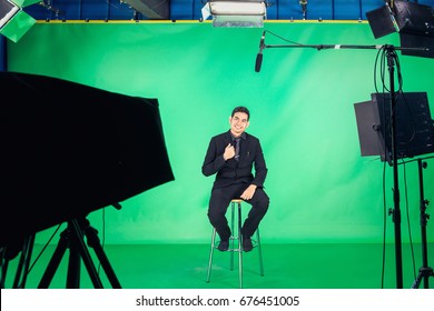 TV Presenter Preparing To Live Streaming Video , Business Professional Work , Behind The Scenes Of TV Movie Video Film 