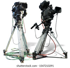 TV Professional Studio Digital Video Camera On Tripod Isolated Over White Background