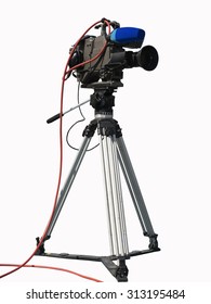  TV Professional Studio Digital Video Camera On Tripod Isolated Over White Background