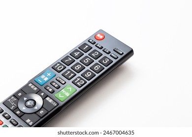 TV remote control on a white background.
translation:power, input switch, ground, screen, volume, audio switch, mute, subtitles, channel, program list, recording list, submenu, return, menu, blue, red
