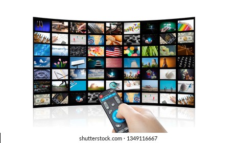 TV Set With Pictures Of Smart Television And Remote Control,close Up. White Background.