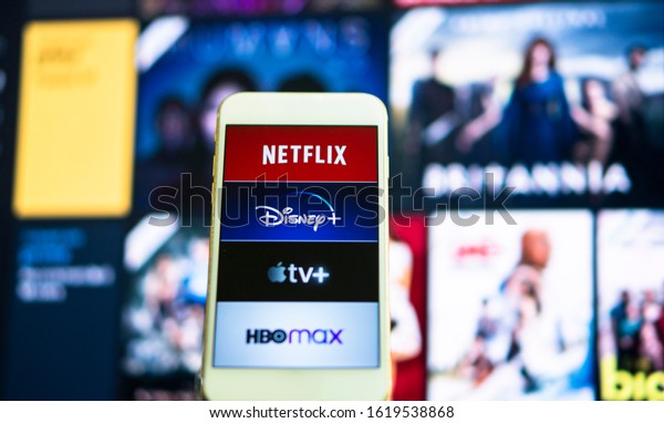 TV streaming logo,  Netflix, disney plus, Amazon
Prime, Hulu, HBO Mex, Apple TV Plus on Phone Bangkok, Thailand 19
January 2020