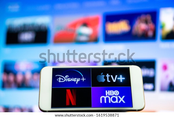 TV streaming logo,  Netflix, disney plus, Amazon\
Prime, Hulu, HBO Mex, Apple TV Plus on Phone Bangkok, Thailand 19\
January 2020