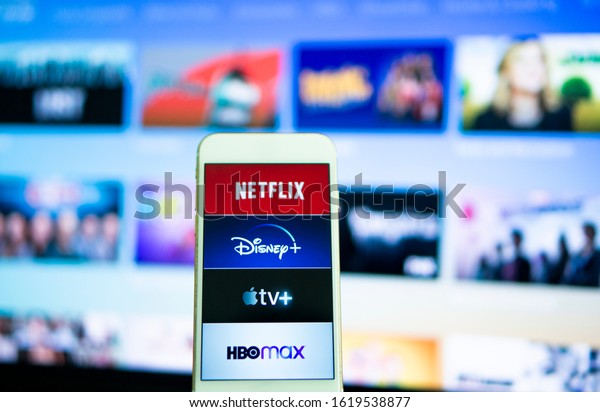 TV streaming logo,  Netflix, disney plus, Amazon\
Prime, Hulu, HBO Mex, Apple TV Plus on Phone Bangkok, Thailand 19\
January 2020