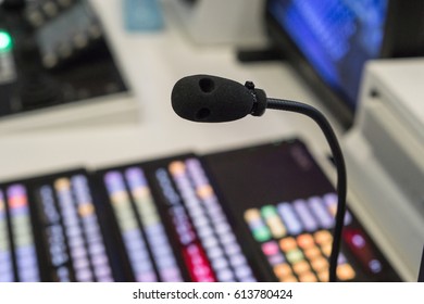 TV Studio Microphone., Microphone In Studio For Voice Actor, Radio Broadcasting, Post Production, Recording, DJ Concept., Microphone In Tv Live Broadcast Studio.