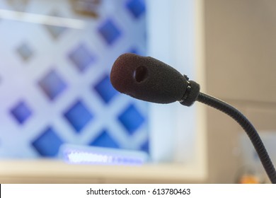 TV Studio Microphone., Microphone In Studio For Voice Actor, Radio Broadcasting, Post Production, Recording, DJ Concept., Microphone In Tv Live Broadcast Studio.