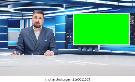 TV Talk Show Live News Program: Anchorman Presenter Reporting, Uses Green Screen Template. Television Cable Channel Anchorman Host Talks. Network Broadcast Newsroom Studio Mockup.