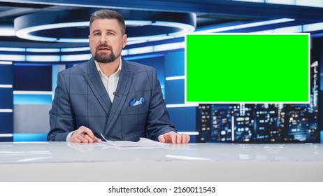 TV Talk Show Live News Program: Anchorman Presenter Reporting, Uses Green Screen Template. Television Cable Channel Anchorman Host Talks. Network Broadcast Newsroom Studio Mockup.