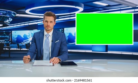 TV Talk Show Live News Program: Anchorman Presenter Reporting, Uses Green Screen Template. Television Cable Channel Anchorman Host Talks. Network Broadcast Newsroom Studio Mockup.