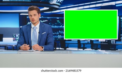 TV Talk Show Live News Program: Anchorman Presenter Reporting, Uses Green Screen Template. Television Cable Channel Anchorman Host Talks. Network Broadcast Newsroom Studio Mockup.