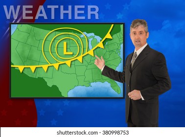 A Tv Television News Weather Meteorologist Anchorman Is Reporting With A Colorful Background And Weather Graphics On The Monitor Screen.