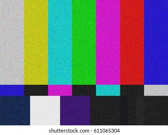 TV test card with rainbow bars, geometric signals. Retro hardware 1980. Glitch art show static error, broken transmission. Minimal pop art print is suitable for a textile, walls, floors.